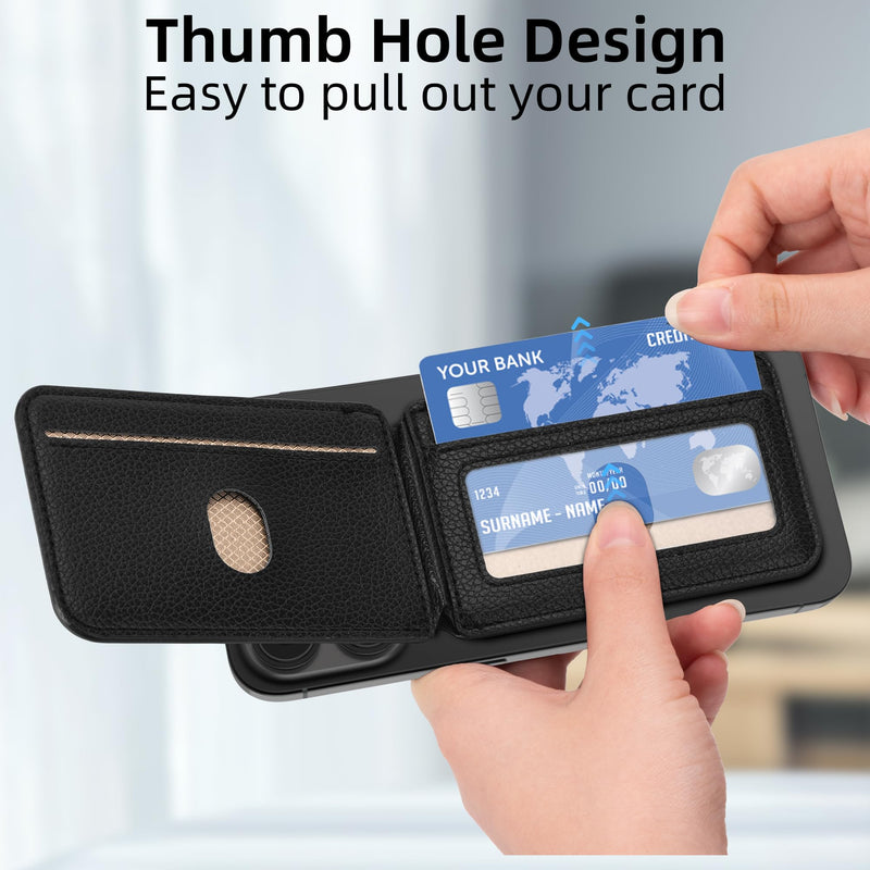 Arae Magnetic Phone Wallet, Compatible with MagSafe Wallet, for Apple iPhone 15/14/13/12 Series, Adjustable Stand with 4 Card Holder,RFID Blocking, PU Leather,Black Black