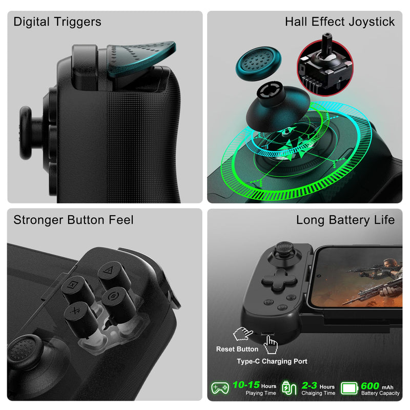 Joso Phone Controller for iPhone/Android/PC, D6 Wireless Game Controller for Switch/PS3/PS4 with Hall Joystick/Turbo/6-Axis Gyro/Dual Motor, iOS Android Controller Support Cloud Gaming/Remote Play Black