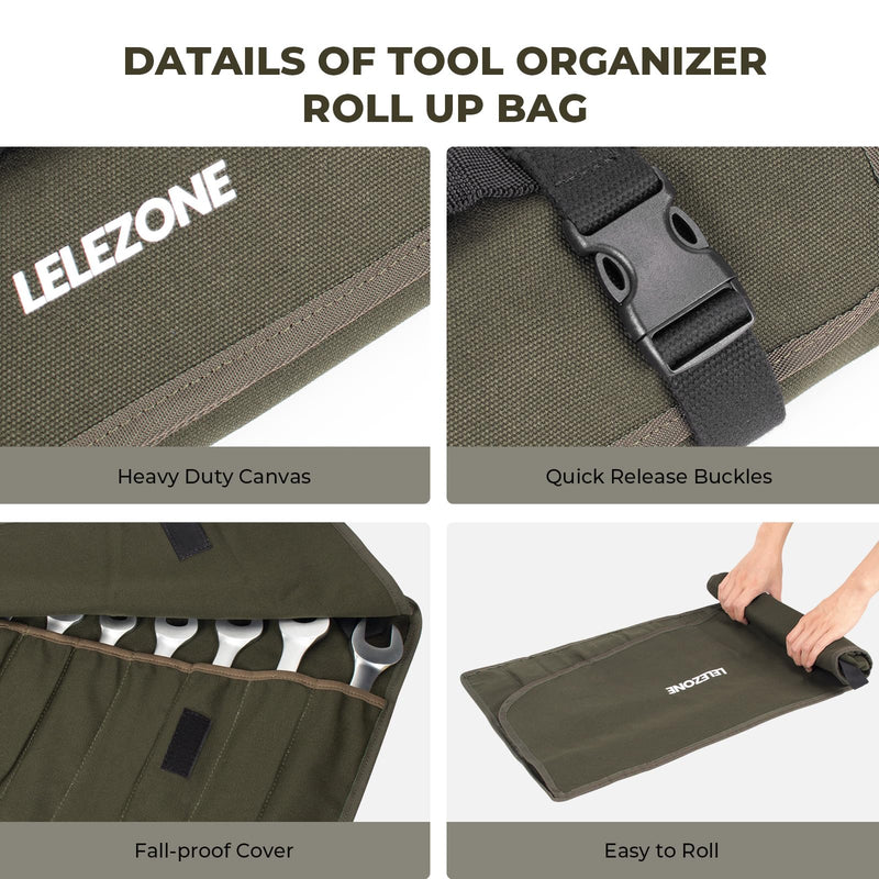 LELEZONE Wrench Roll Up Pouch, 19+1 Pockets Utility Roll, Portable Tool Organization Roll Bag, Gifts for Men Father Mechanic, Heavy Duty Canvas Wrench Organizer Bag (Green) Green