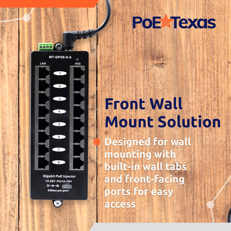 PoE Texas 8 Port PoE Injector - Gigabit Passive Power Over Ethernet Midspan - Front Wall Mount for Security Cameras, IP Phones, WiFi APs - Works with Non-PoE Switch, Includes 48v 60w Power Supply GPOE-8A-48v60w
