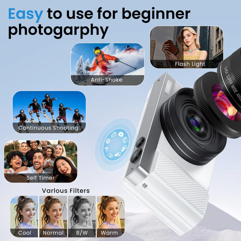 4K Digital Camera, 64MP Vlogging Camera for Photography with 3'' 180°Flip Screen,Macro and Wide-Angle Lenses,16X Vlogging Camera for YouTube with 64GB Micro SD Card for Beginner White