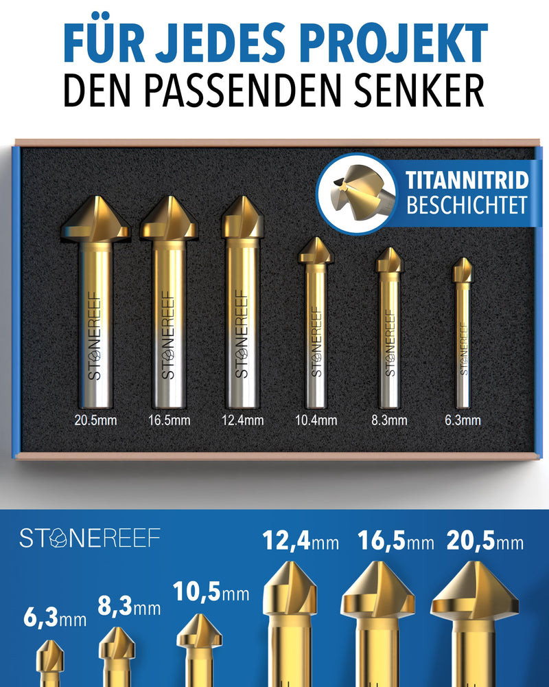 STONE REEF professional countersink set made of HSS steel [6 pieces including storage box] - metal countersink, metal countersink, countersink set, metal countersink, wood countersink, wood countersink, wood countersink countersink set of 6