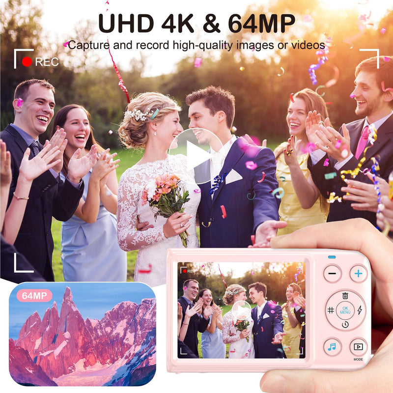 4K Pink Digital Camera Without SD Cards-Point and Shoot Camera with Flash,Easy to Use,Perfect for Beginners,Ideal for Travel,Birthday Gift and Daily Use
