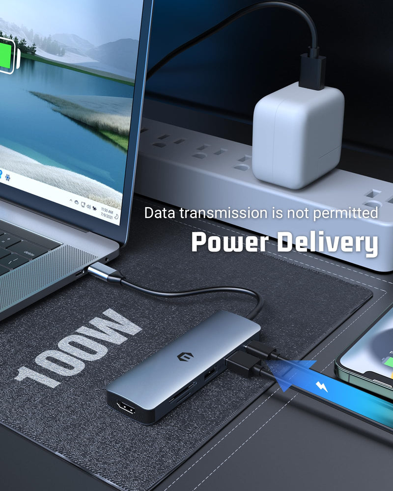 USB C HUB, 6 in 1 USB Adapter, 4K HDMI, 100W PD, USB 3.0 Ports, USB 2.0 Ports, and SD/TF Card Reader, Perfect for Mac Pro/Air, iPad Pro, iMac, and More