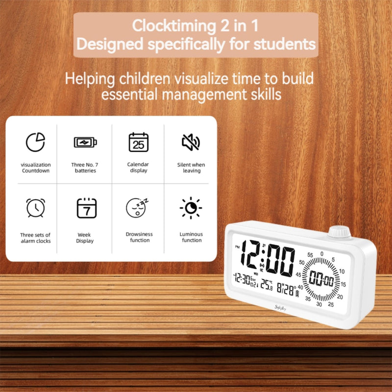 Visual Alarm Clock Timer with LCD Display, 3-Level Adjustable Backlight，Temperature Date, Silent Operation,3 Alarms, Snooze, Type-C Charging for Kids Studying/Office/Sleeping/Cooking(White)