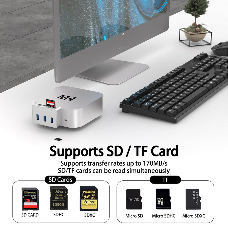 USB C Hub for Mac mini M4/M4 Pro with M.2 Nvme SSD Enclosure, 6 in 1 Mac mini M4 Dock with 3 * 5Gbps USB 3.0, SD/TF Car Slot, Mac mini M4 Nvme Adapter Fits 2230/2242/2260/2280