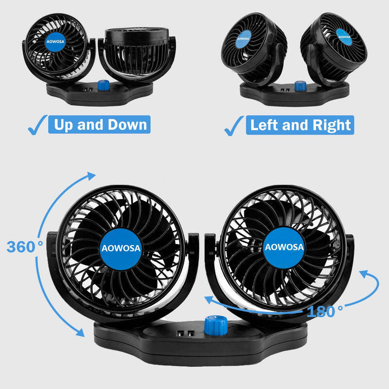 Car Fans 12V Electric Cooling Rear Seat Headrest Vehicle Fan with Cigarette Lighter Plug 2 Speed 2 USB Charging Ports, 360 Degree Adjustable Dual Head Automobile Fan for Truck Van SUV RV Boat Auto Dual Head Back Seat -1