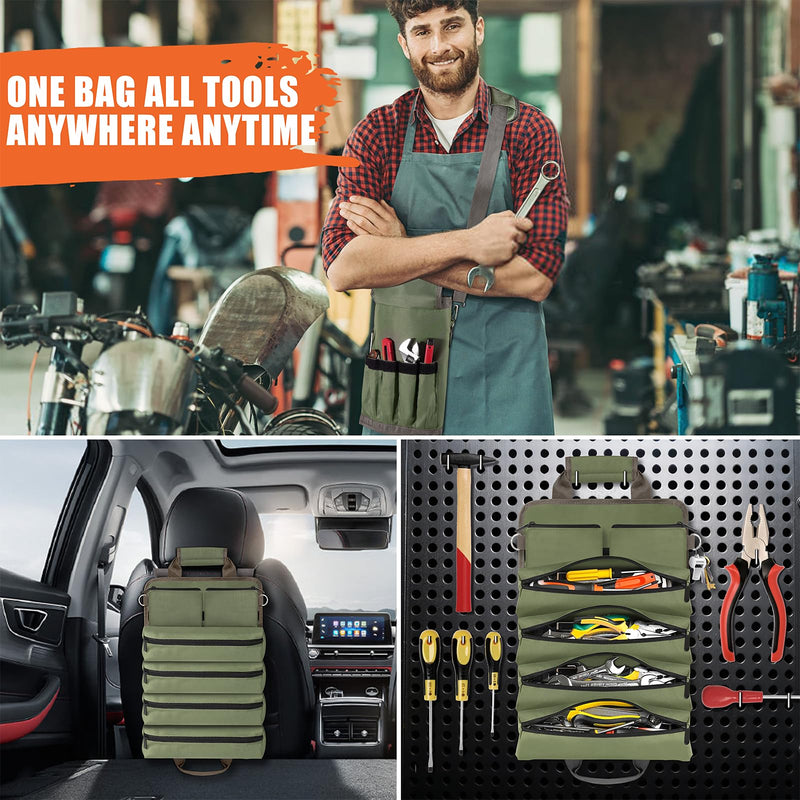 Roll Up Tool Bag-Gifts For Men Dad Husbands Him, Father's Day Birthday Gifts For Men, Heavy Duty Tool Organizer Bag With 2 Detachable Pouches Mechanic Carpenter (Green) Green