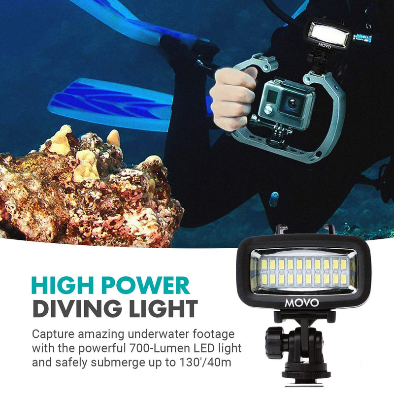 Movo LED-WP Underwater High-Power Rechargeable LED Video Light with Action Camera and Shoe Mounts, Compatible with GoPro, DSLR - Perfect for Vlogging, Traveling, Scuba Diving, Snorkel, Surfing, Sport