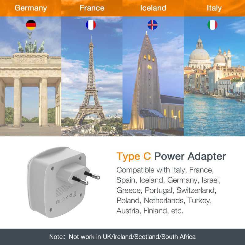 European Travel Plug Adapter Converter, TESSAN International Power Plug Converter with 2 USB, Type C Outlet Adaptor Charger for US to Most of Europe EU Iceland Spain Italy France Germany Gray-Type C