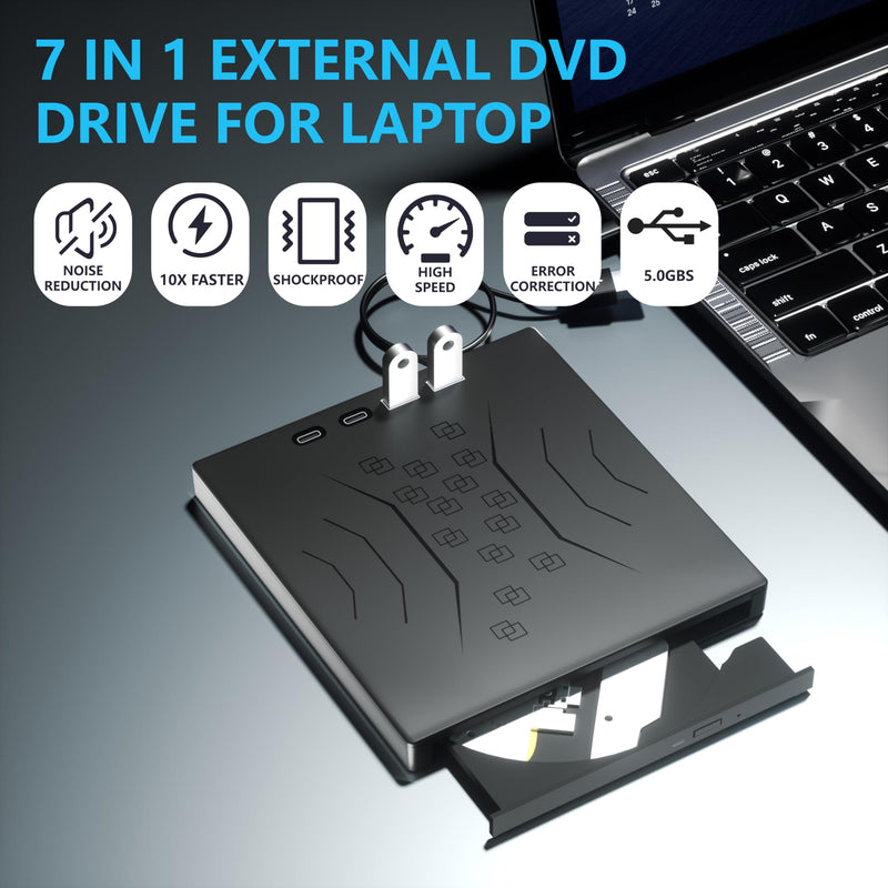 7 in 1 External DVD Drive, External CD/DVD Drive for Laptop USB 3.0 & Type-C, Portable CD/DVD +/-RW Disk Drive, CD/DVD Burner CD ROM External Drive for Laptop Desktop PC Windows 7/8/10/XP Mac Linux