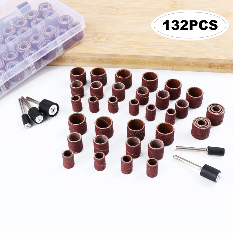 132 pieces sanding sleeve set for Dremel power tools with free box. Including 120 pieces sanding bands and 12 pieces sanding rollers for Dremel rotary tools