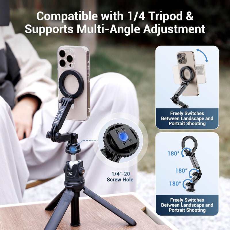JJC Magnetic Cold Shoe Mount for iPhone 16 15 14 13 & Action Camera, with 1/4" 20, Foldable Detachable Hot Shoe Phone Holder for Magsafe, for DJI OSMO Action 5 Pro 4 3, Hero 13 12 11, Insta360 Ace Magnetic Cold Shoe Mount with 1/4"-20