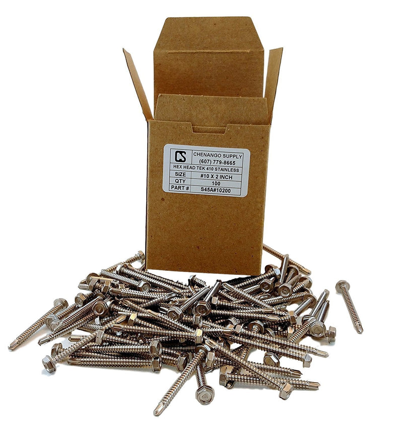 Stainless #10 x 2 Hex Washer Head Self Drilling Sheet Metal Tek Screws with Drill Point, (1/2" to 2" Lengths in Listing) 100 Pieces (#10 x 2 Inch) #10 x 2 Inch
