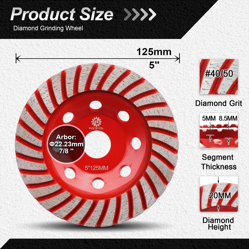 FOCSTOL Diamond Cup Wheel - 125 mm x 22.23 mm Turbo Series Grinding Wheel for Concrete Granite Marble Masonry Artificial Stone for Angle Grinder 125mm turbo