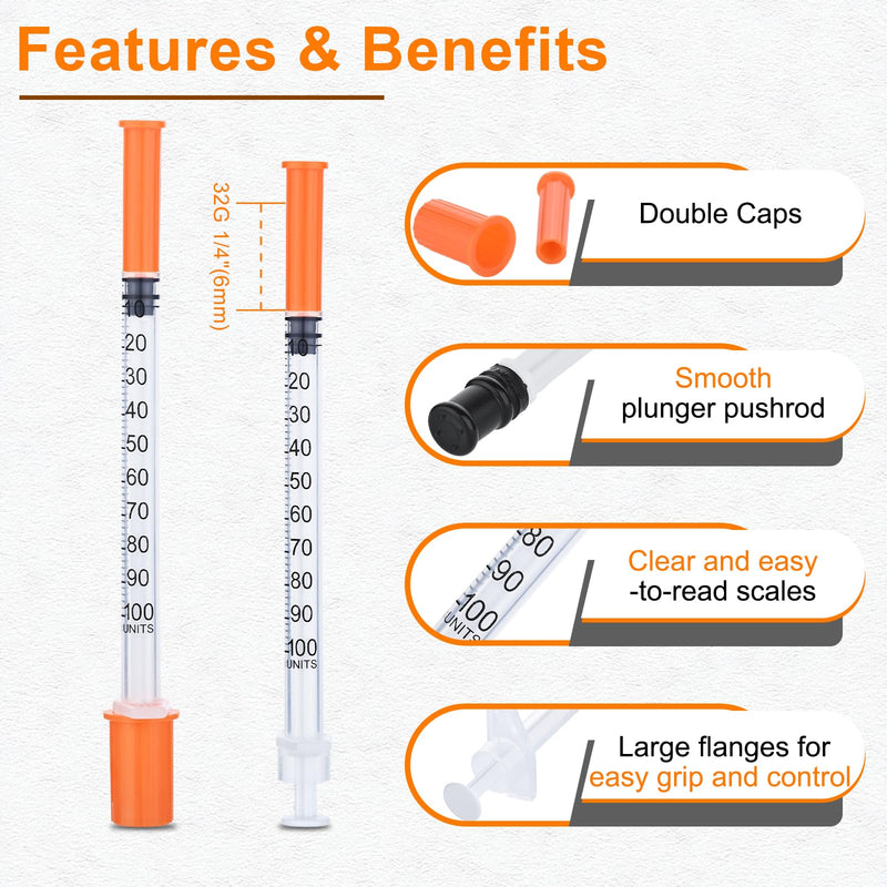 U-100 1ml Syringe 32 Gauge 1/4 Inch(6mm), 1cc Lab Supplies, Individually Sealed Pack of 100 1ml 32G 1/4 In 100.0