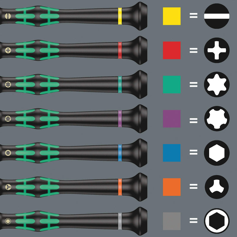 Wera 2052/6 Kraftform Micro Ballhead Hexagon Electronics Screwdriver Set and Rack, 6-Piece Ball-End: 1.5x60mm, 2x60mm, 2.5x60mm, 3x60mm, 0.9x40mm, 1.3x90mm