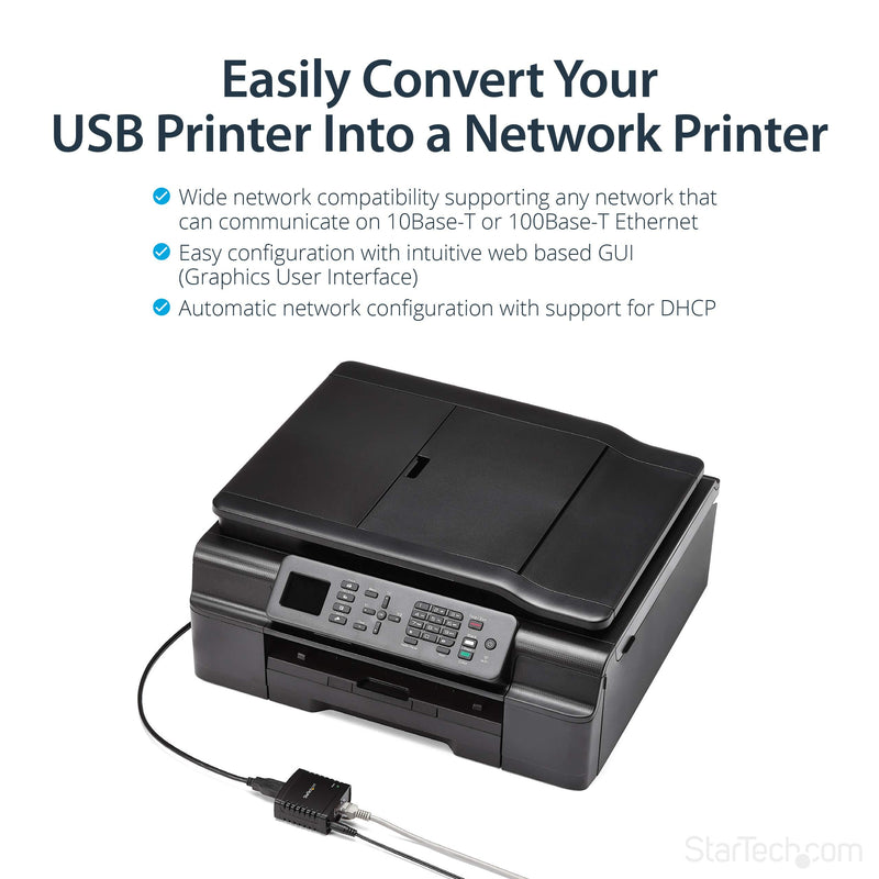 StarTech.com 10/100Mbps Ethernet to USB 2.0 Network Print Server - Windows 10 - LPR - LAN USB Print Server Adapter (PM1115U2)