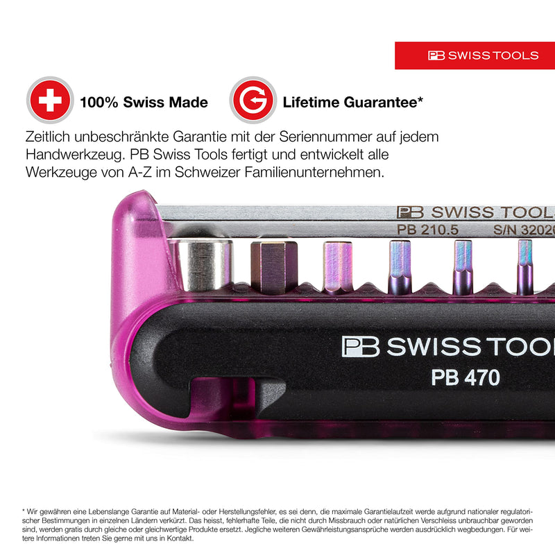 PB Swiss Tools Bike Multitool PB 470 | 100% Swiss Made | Pocket Tool with Bits, Allen Key, Steel Adapter, Tire Lever for Mountain and Road Bike, Bicycle, E-Bike (Purple) Purple