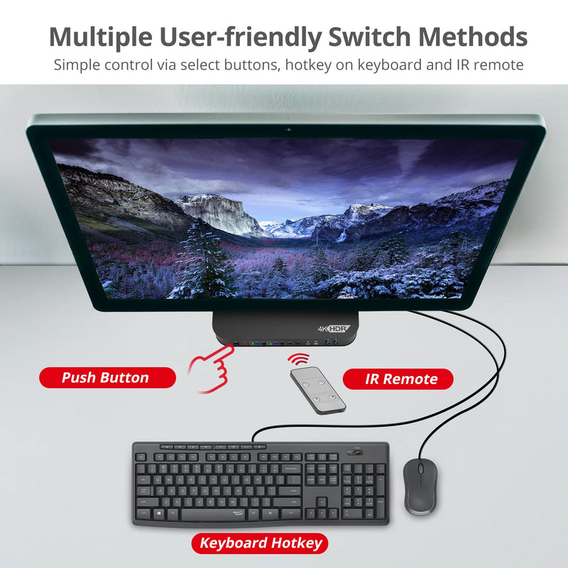 SIIG 2-Port 4K KVM Switch HDMI with Remote Control, 1x HDMI Output, 2X USB 3.2 Type-A Ports, EDID Bypass, Compatible with Windows and Mac (CE-KV0E11-S1)