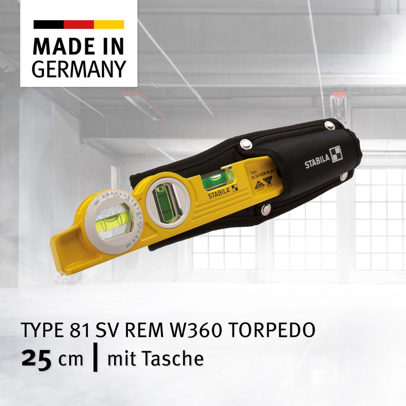 STABILA Magnetic Spirit Level Type 81 SV REM W360 Torpedo with Bag, 25 cm, Cast Aluminum Profile, Rare Earth Magnetic System, 1 Six-Ring Horizontal/1 Vertical/1 Angle Level Made in Germany With magnet, belt bag and 360° angle level