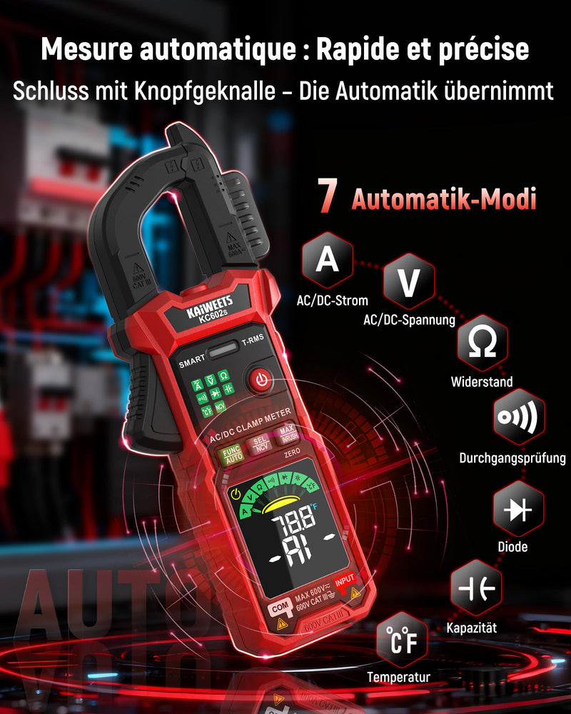 KAIWEETS Current Clamp 600A TRMS, Digital Current Meter with Auto Measurement, 6000 Counts, AC/DC Current & Voltage, NCV, Inrush Current, Resistance, Capacitance, Temperature, Diode & Continuity Test