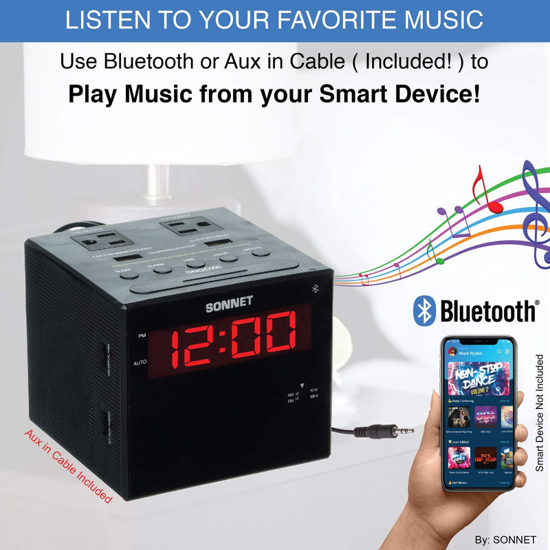 Sonnet Alarm Clock Charging Station, Bluetooth Speaker, AM FM Radio, Dual USB Charging Ports, Dual AC Outlets, Very Loud Alarm Clock for Heavy Sleepers and The Hearing Impaired for Desk, Bedroom R1415BT-BLUETOOTH