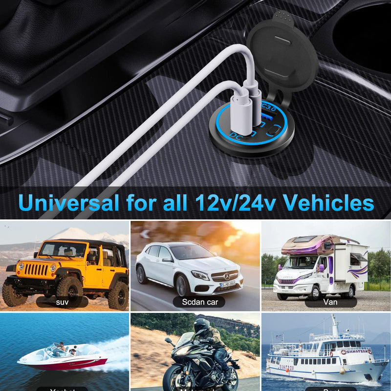 2 PACK 12V USB Outlet Wired USB Charger Multi Port, Dual PD3.0 USB-C and Quick Charge 3.0 Car USB Port Socket with Power Switch, Fast Charger for Cell Phone Tablet, Suitable for Car Boat RV Marine ATV
