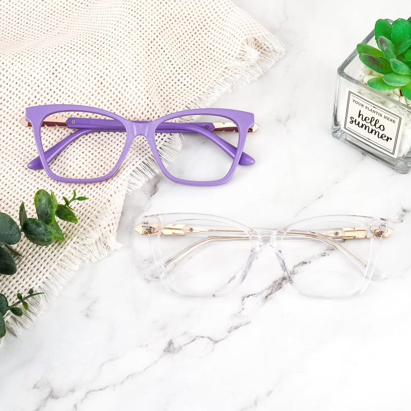 VOOGLAM Oversized Square Frame Fashion Glasses Anti-blue Light Women Wheat Head Rhinestones-7264 Purple Non-prescription Clear Lens