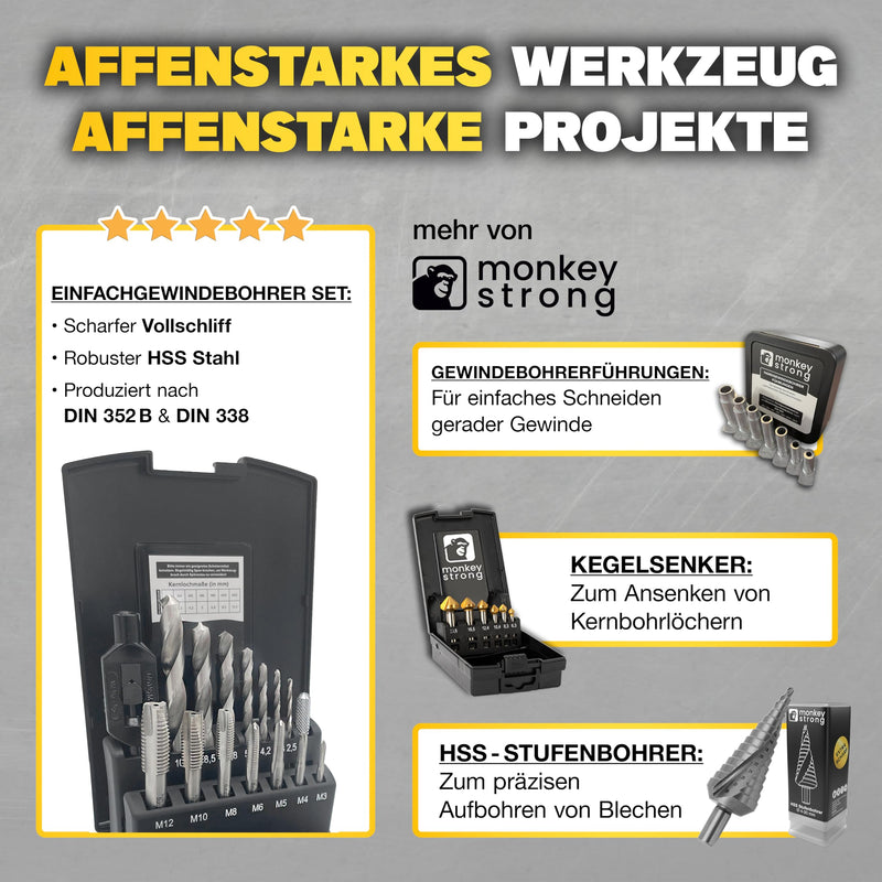 Thread cutter set [made of HSS steel | with core hole drill set] - 15-piece tap set in popular sizes from M3 - M12 including tap wrench & storage box | Thread cutting set - from monkeystrong® single tap