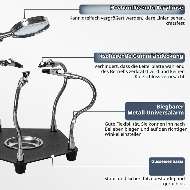 Third Hand Soldering, Soldering Aid with 3 x Magnifying Glass and 4 Flexible Arms, Helping Hand for Soldering and Crafts, Soldering Holder for Electronics, Jewelery and Crafts TE-806
