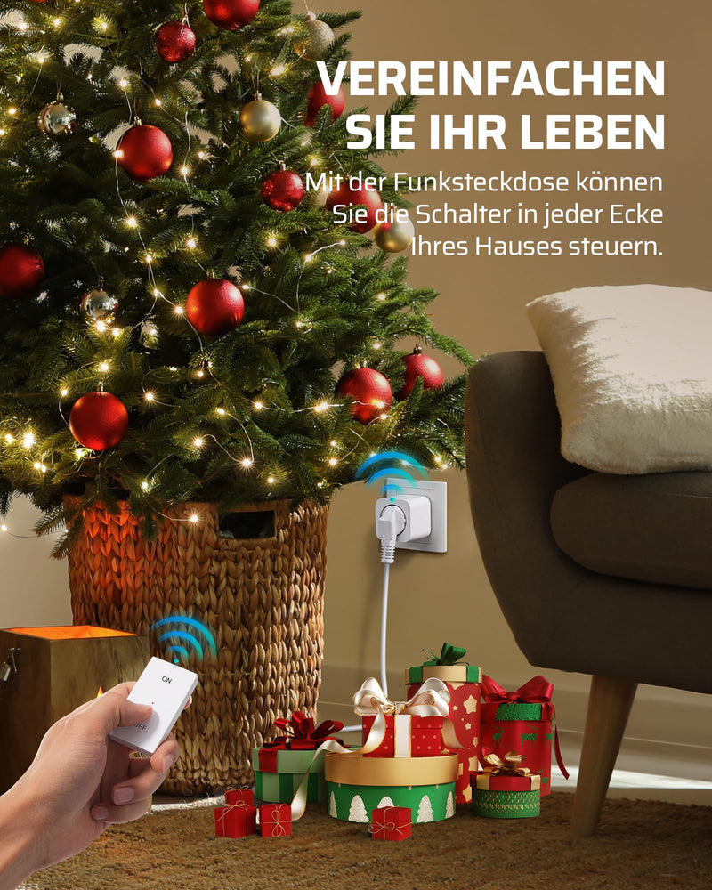 DEWENWILS wireless sockets with remote control, 16A 3680W, plug-in on/off wireless wall switch, no cable required, expandable light switch for holiday decoration, 30M range, pre-programmed, white