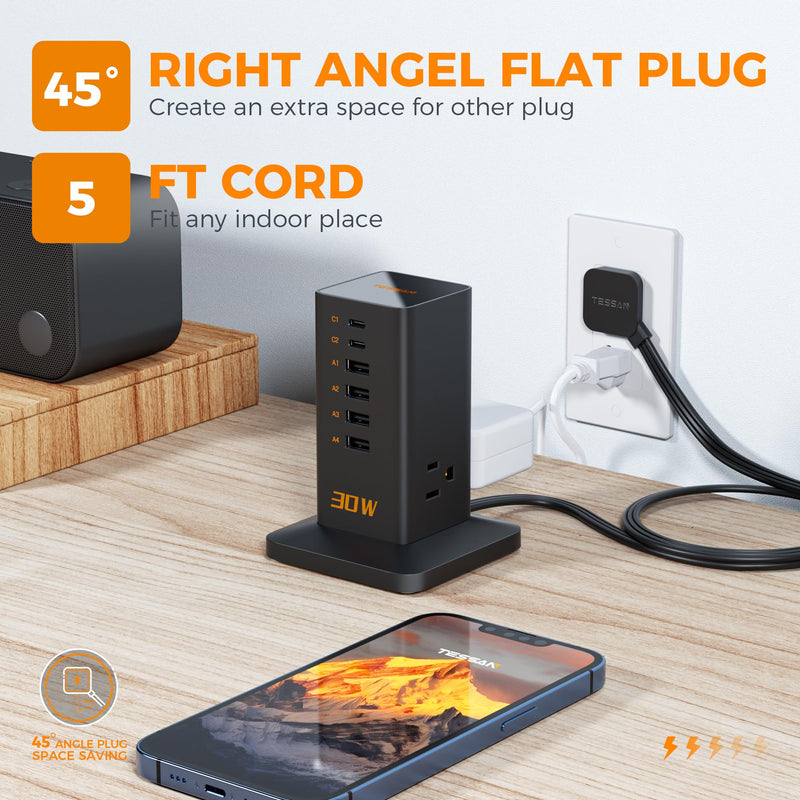 Charging Station 30W, TESSAN 9-in-1 Cellphone Charger Fast for iphone13/14/15, ipad, Tablets with Surge Protector, 5ft Extension Cord with 3 AC, 4 USB A, 2 USB C for Home, Office, Black