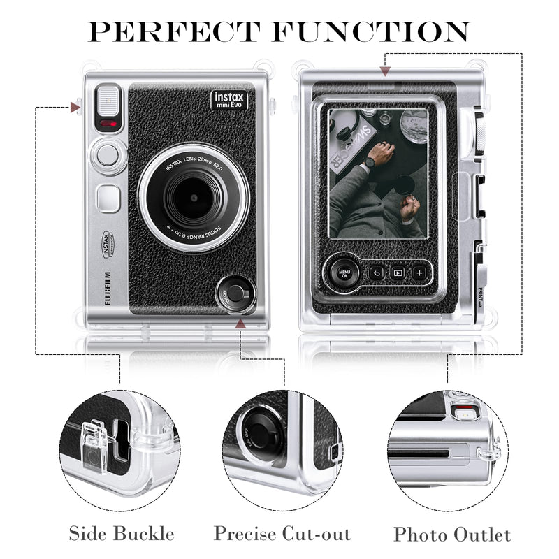 Rieibi Accessories for Fujifilm Instax Mini Evo Instant Camera, Gift Bundle Includes Clear Instax Mini Evo Case & Instax Mini Evo Lens Cap with Anti-Loss String & Screen Protector 4 accessories