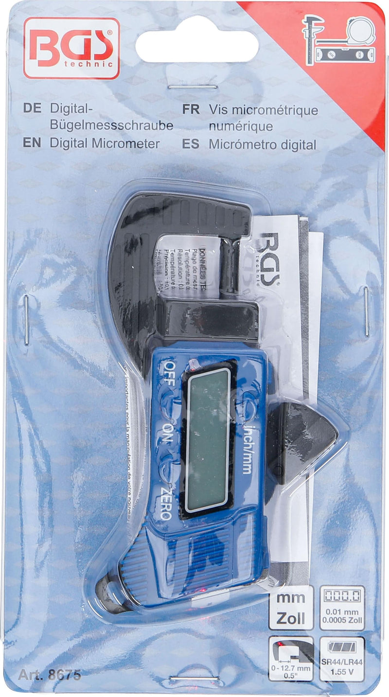 BGS Digital Outside Micrometer, 0 – 13 Mm (1), 8675 | Resolution 0.01 mm, for brake disc thickness, spring mechanism with opening lever 0 - 13 mm