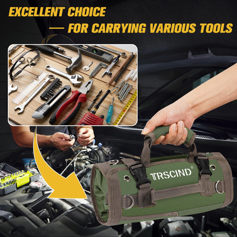 Tool Bag, Roll Up Bag, Tool Organizer with Detachable Pouches and Wrench Roll, Heavy Duty Tool Pouch, Gifts for Men Dad Fathers Day, Portable Tool Box for Motorcycle, Car, Electrician, Mechanic（Green） ARMY GREEN