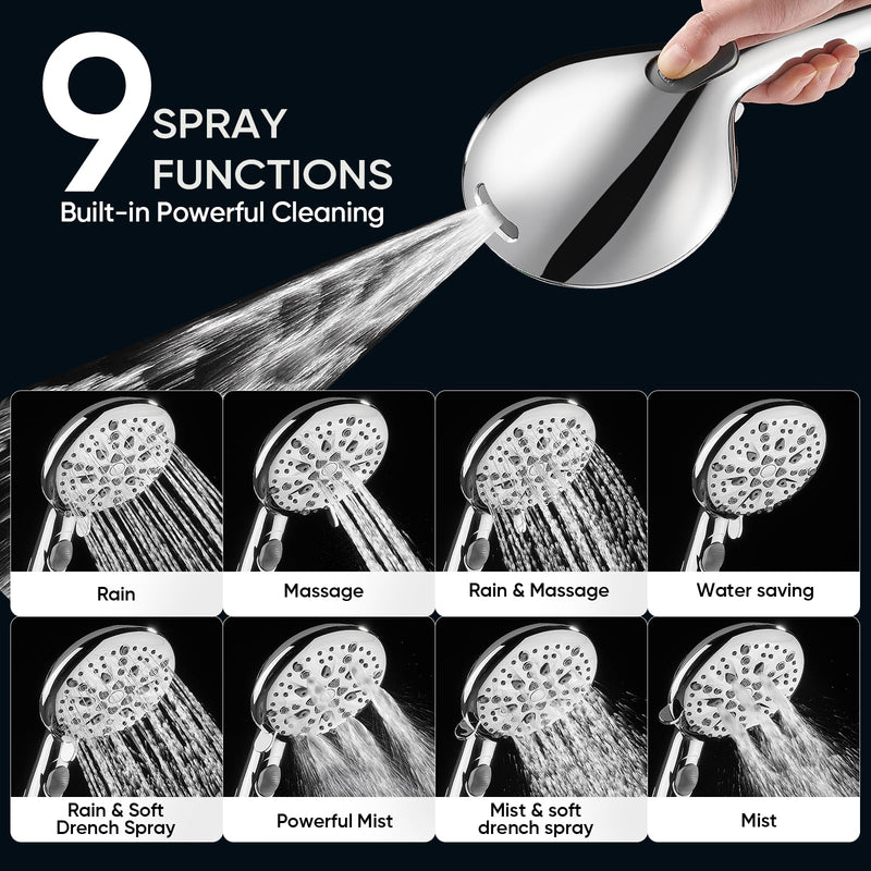 Cobbe 9-Function Shower Head with Built-in Power Spray, 1.8 GPM Water Saving ON/OFF Toggle Switch, High Pressure Handheld Showerhead with 1-Click Pause Button, Brass Bracket & 6ft Hose, Chrome