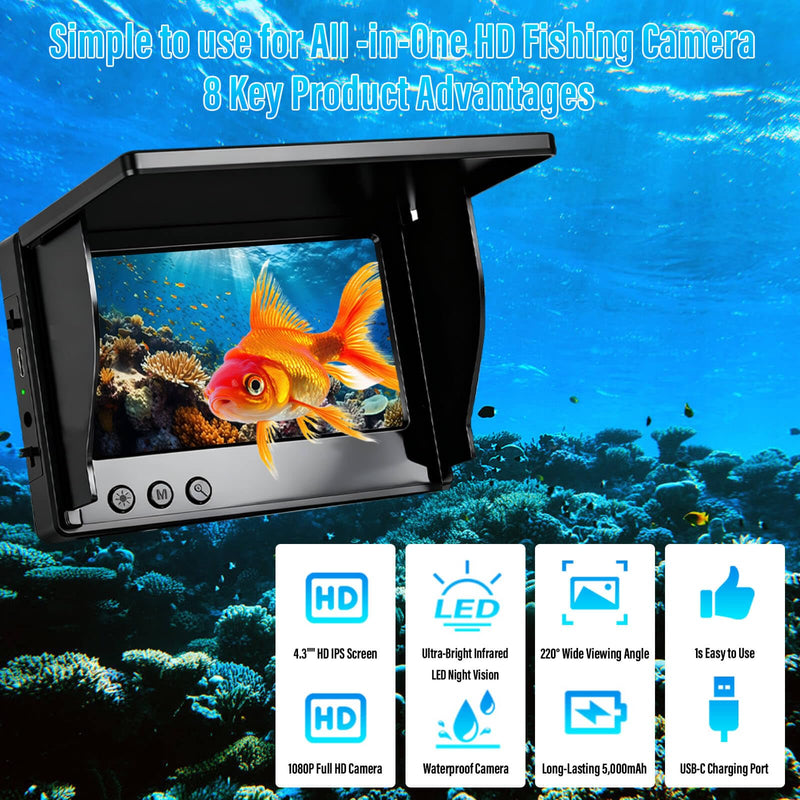 Fishing Camera, 220° Ultra-Wide 1080P HD Underwater Fishing Camera with 4.3" LCD & IR Night Vision, 50ft Cable for Ice Lake Boat Kayak Fishing Black