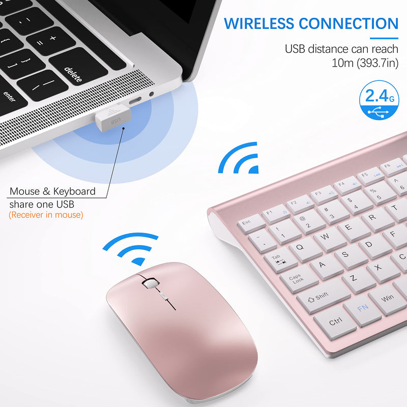 TopMate Wireless Keyboard and Mouse Ultra Slim Combo, 2.4G Silent Compact USB Mouse and Scissor Switch Keyboard Set with Cover, 2 AA and 2 AAA Batteries, for PC/Laptop/Windows/Mac - Rose Gold White