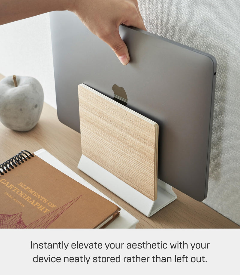 Yamazaki Home Rin Portable Laptop Holder Stand for Desk in Bedroom Or Office, Wooden Storage Station - Steel + Wood Walnut