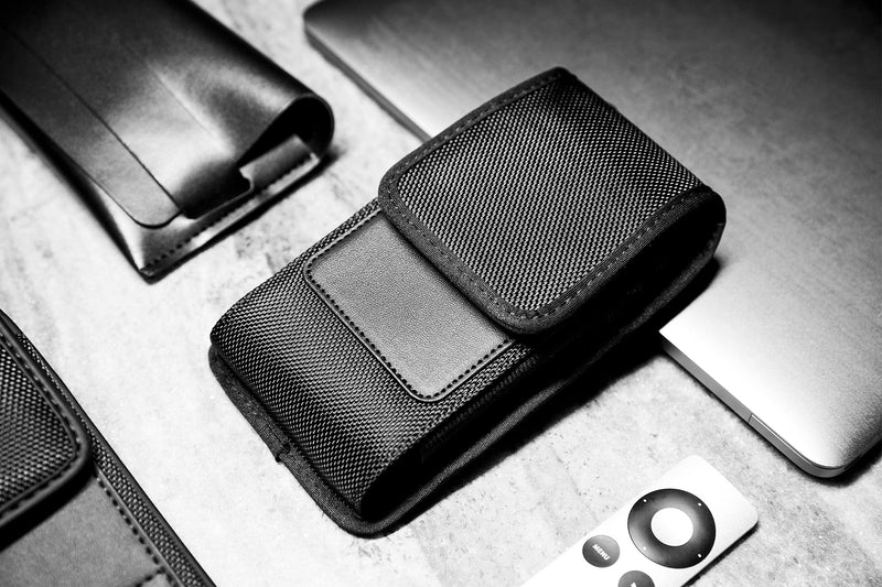 Cell Phone Pouch Belt Holster Case for iPhone 15, 15 Pro 14, 14 Pro 13 Pro, 13 12 Pro Xs X 11 XR Samsung Galaxy S24 S23 S22 S21 S20 S10 S9, ID Card Slot Holder (Fits Otterbox Commuter) Black Medium