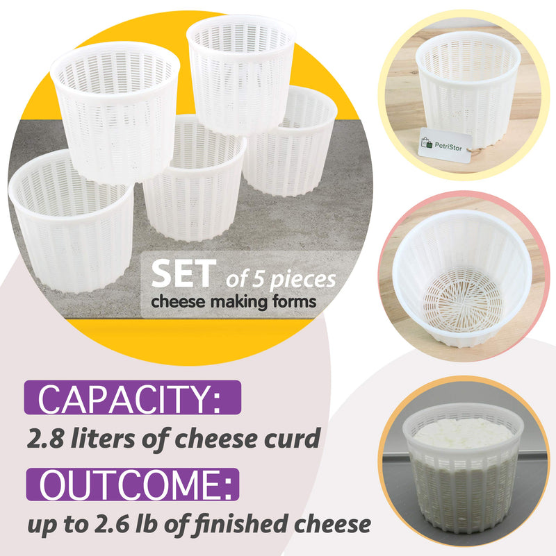 5 Pcs Soft Cheese Mold for Cheese Making 3 QT - Cheese Making Mold - Cream Cheese Form Mold - Homemade Cheese Making Supplies - Molde Para Queso Fresco Casero - Feta Ricotta Cheese Making Basket