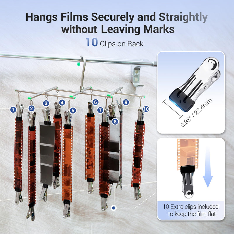 JJC Darkroom 35mm 120 Film Drying Hanging Rack with 10 Clips, Foldable Hanger Windproof for 135, 120, 4x5” Film, Darkroom Developing Accessories