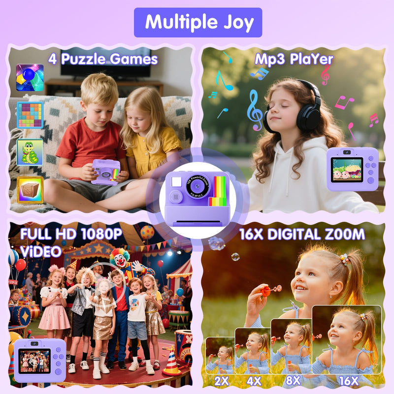 1080P Kids Instant Print Camera - Kids Camera for Girls and Boys, Ages 3-12, Portable Toy with 32GB SD Card & 3 Rolls Printing Paper - Best Christmas Birthday Gift for Kids, Purple
