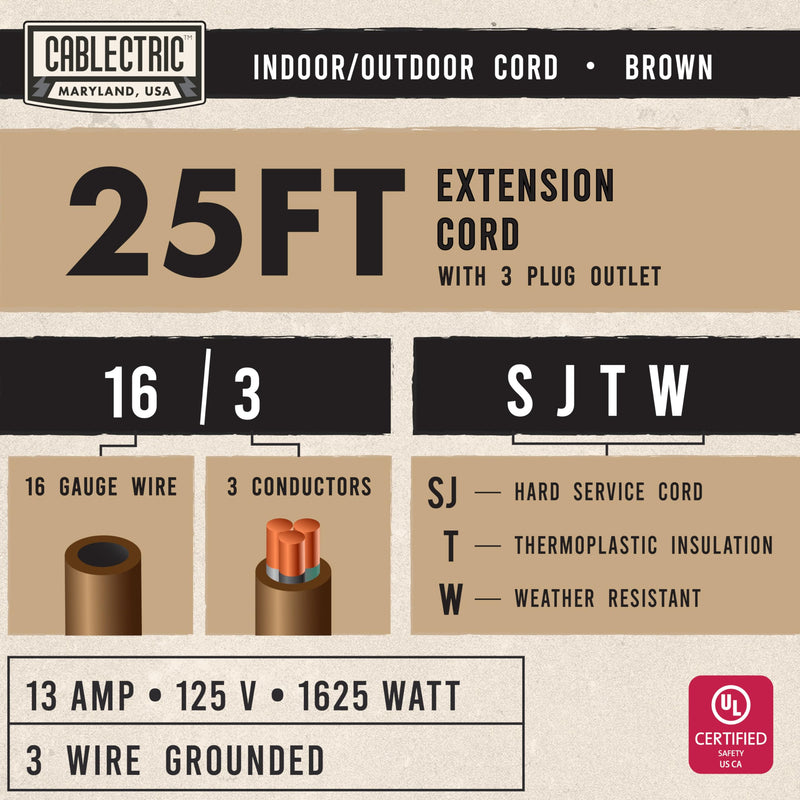 25 Ft Brown Extension Cord with 3 Electrical Power Outlet - 16/3 SJTW Heavy Duty Cable with 3 Prong Plug for Safety, 13 AMP for Heavy Appliances, Garden, Lawn, Lightning Decoration 25 Foot