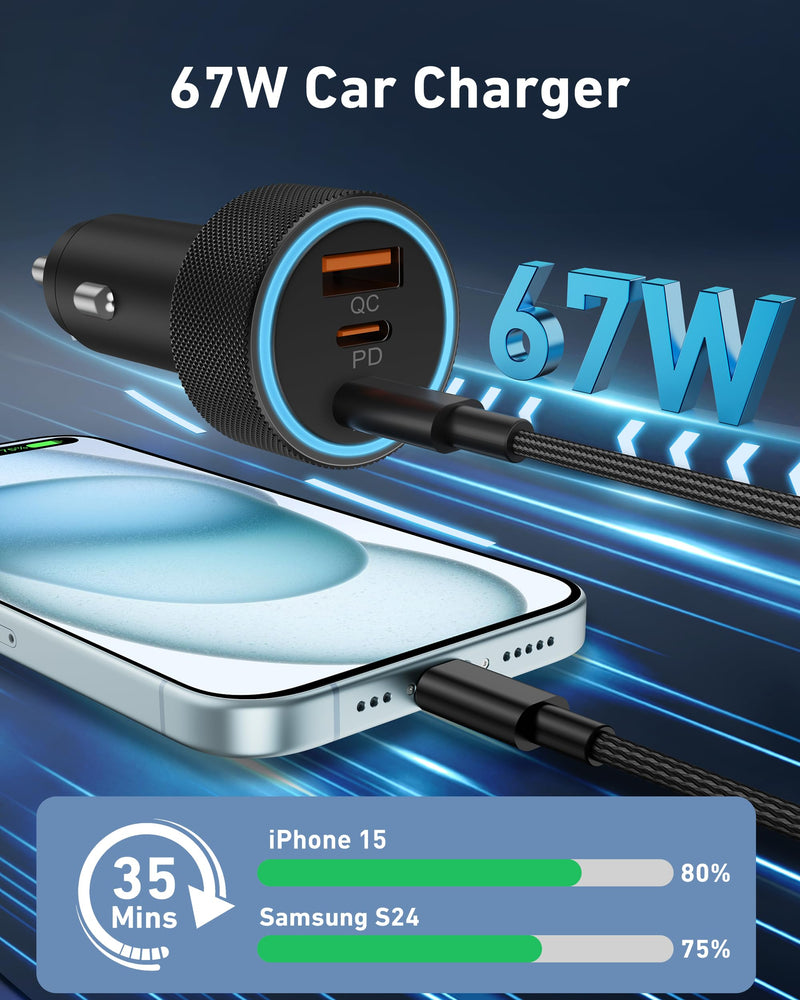 USB C Car Charger, 2Pack 3-Port 67W Dual USB-C & USB-A Phone Car Charger Adapter PD/QC Fast Charging Cigarette Lighter for iPhone 15 14 13 12 11 Pro Max, iPad, Samsung S24 S23 S22, Pixel 8 7, Android