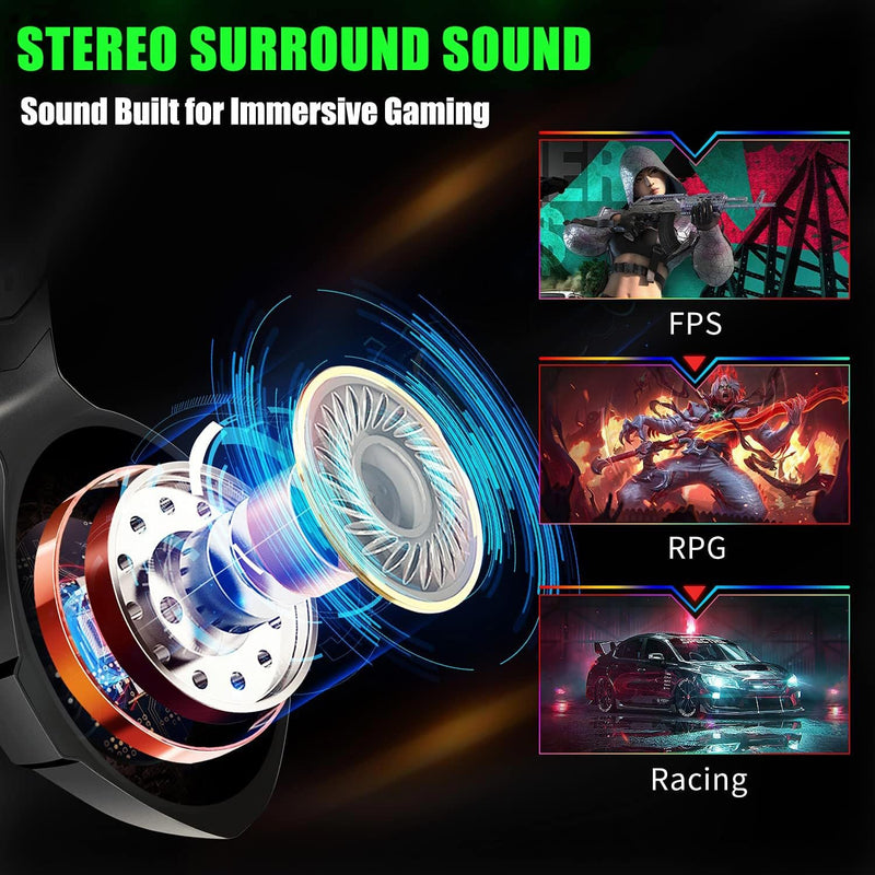 Gaming Headset for PC, PS4, PS5, Xbox Headset, Gaming Headphones with Noise Cancelling Flexible Mic RGB Light Memory Earmuffs for Xbox one, Switch, Mac -Green Green Large Wired
