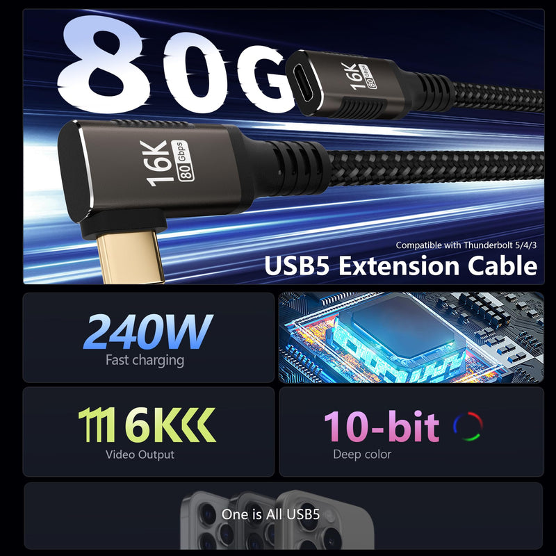 usbc extension cable right angle short 2FT Compatible with Thunderbolt 5/4/3 extender 80Gbps Data Transfer,usbc female to male Cable,8K@120Hz/16K@60Hz Display,90° USB Type C 240W PD3.1 Fast Charging. 2FT/0.6M