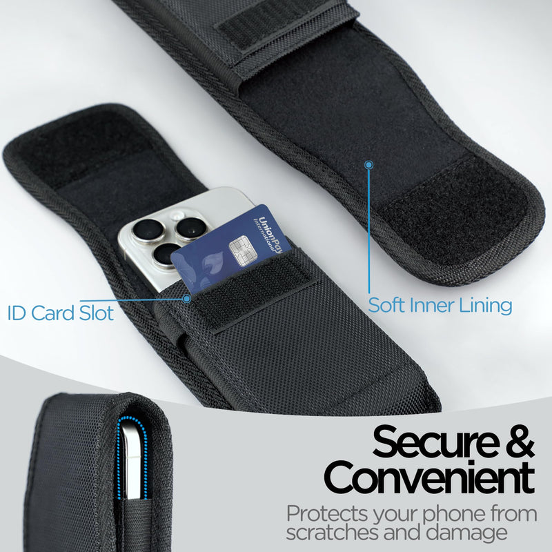 Nylon Cell Phone Holster with Belt Clip for iPhone 15 Pro Max, 15 Plus,14 Pro Max, 14 Plus, 13 Pro Max, 12 Pro Max, 11 Pro Max, S24 Plus, ID Card Holder Pen Holder Universal Pouch, Black -L Large
