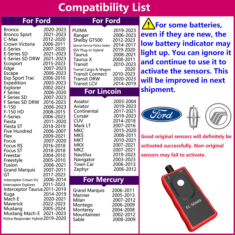 TPMS Relearn Tool for Ford Lincoln Mercury TPMS Reset Tool Tire Pressure Sensor Reset for F150 F250 Flex Ranger Explorer Fusion Edge Focus Escape Transit mkz mkx TPMS Programming Tool EL-50449 OEC-T5